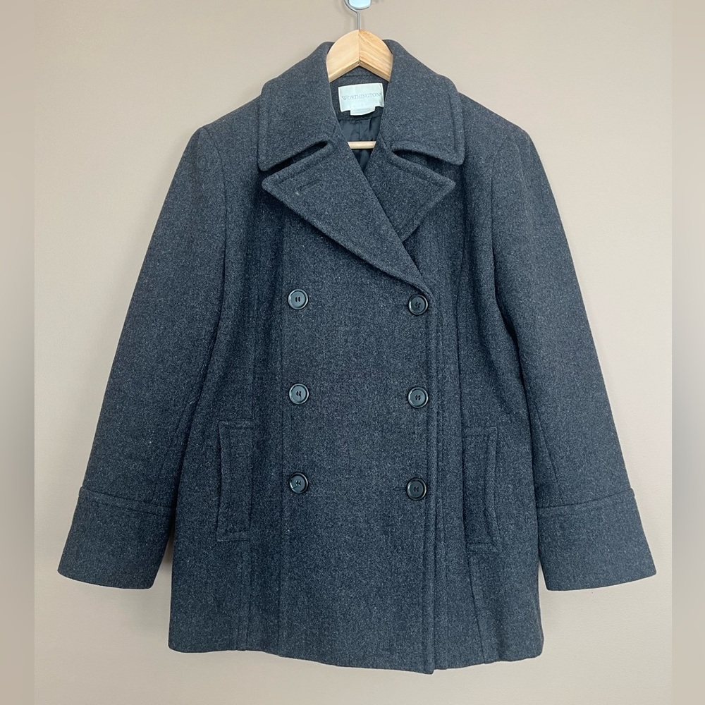 {Worthington} Wool Double Breasted Pea Coat in Grey - Womens Large